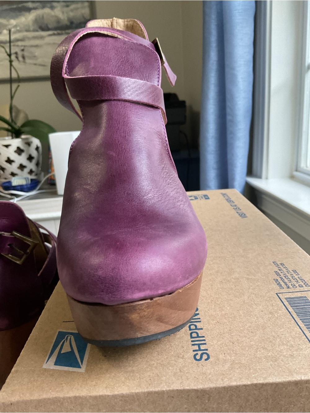Free People Cedar Aubergine Leather Wood-Platform Clog Heels - Picture 5 of 7